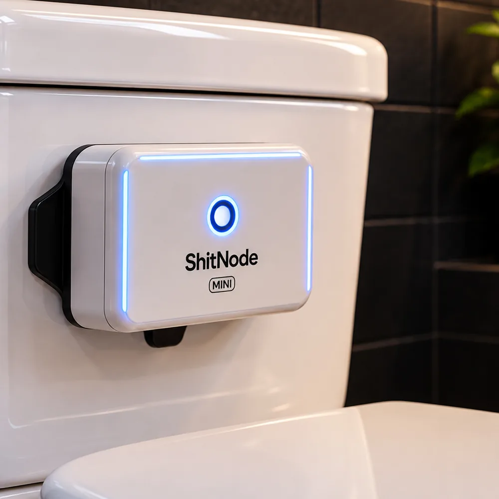 ShitNode Mini: a white clip-on node with a glowing blue ring, mounted on a toilet tank