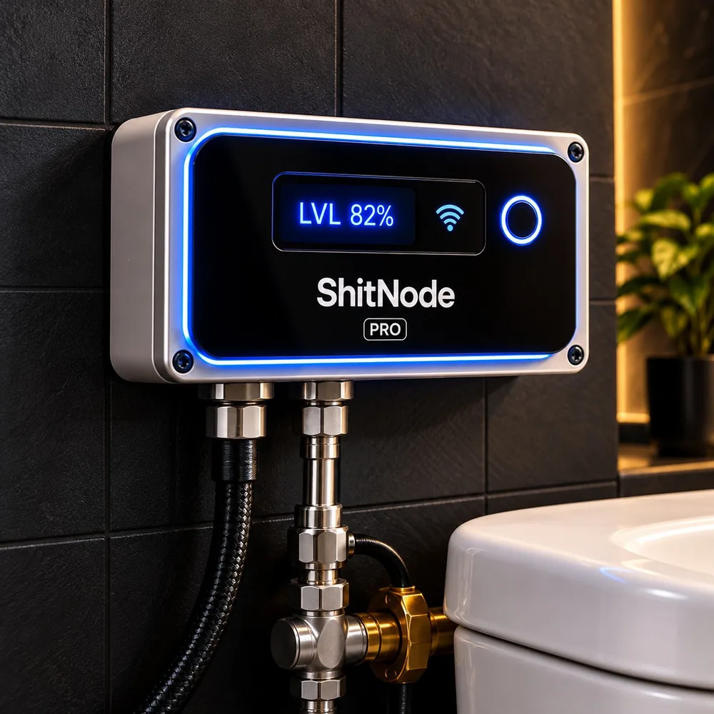 ShitNode Pro: a wall-mounted unit with a blue LVL 82% display, plumbed into the supply line