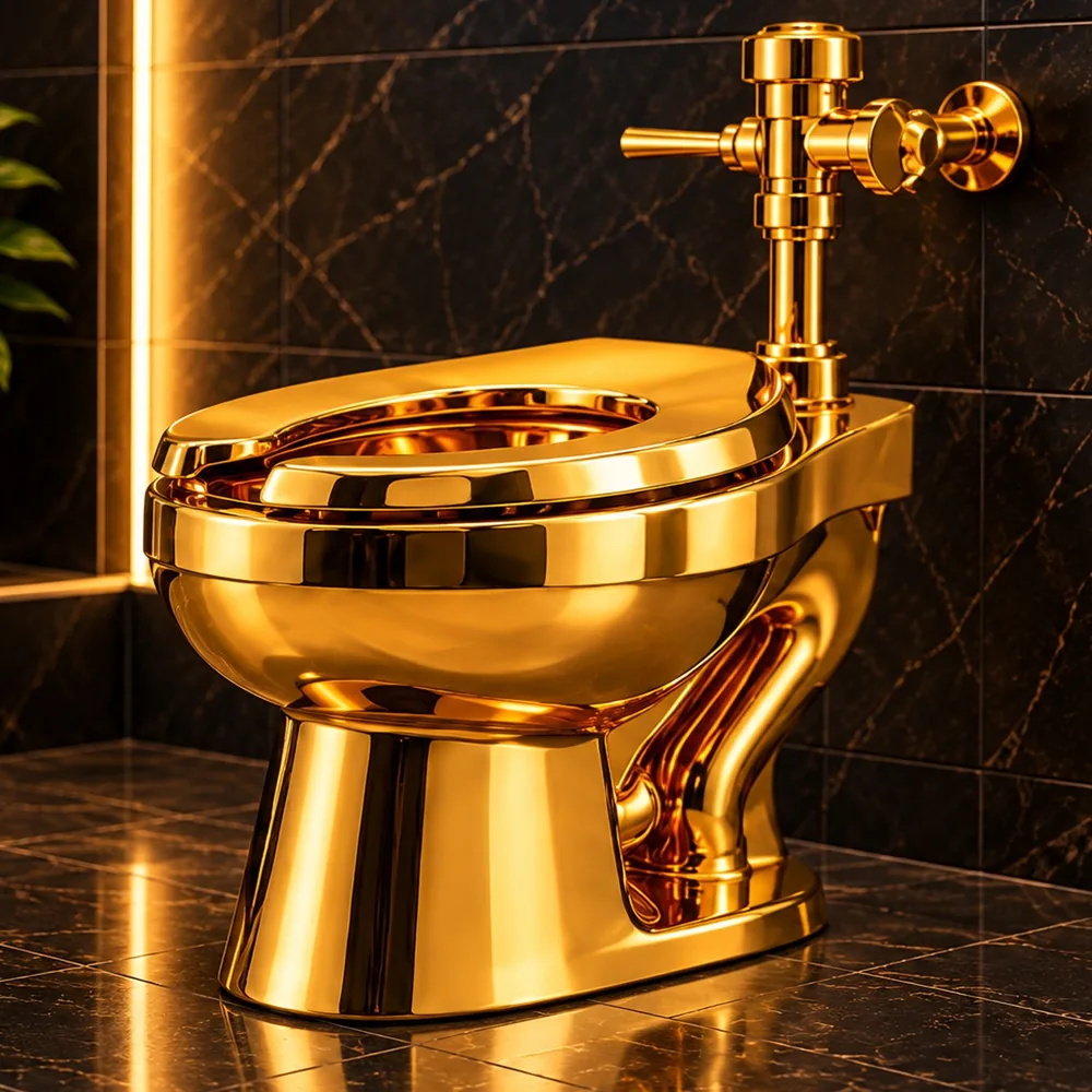 THRONE-01: a mirror-gold flushometer toilet against black marble